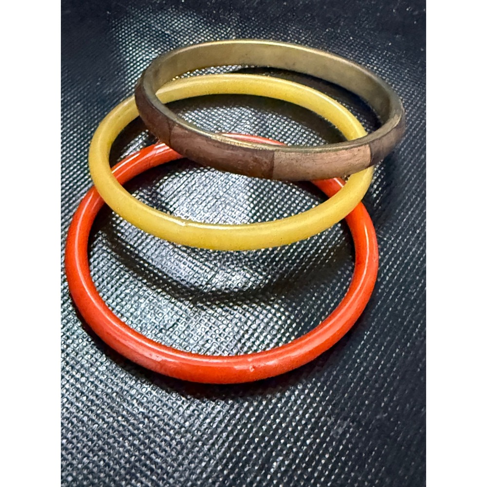 Vintage Bangle Bracelet Set Orange Yellow Resin Brass Inlay Stackable 3pc Boho